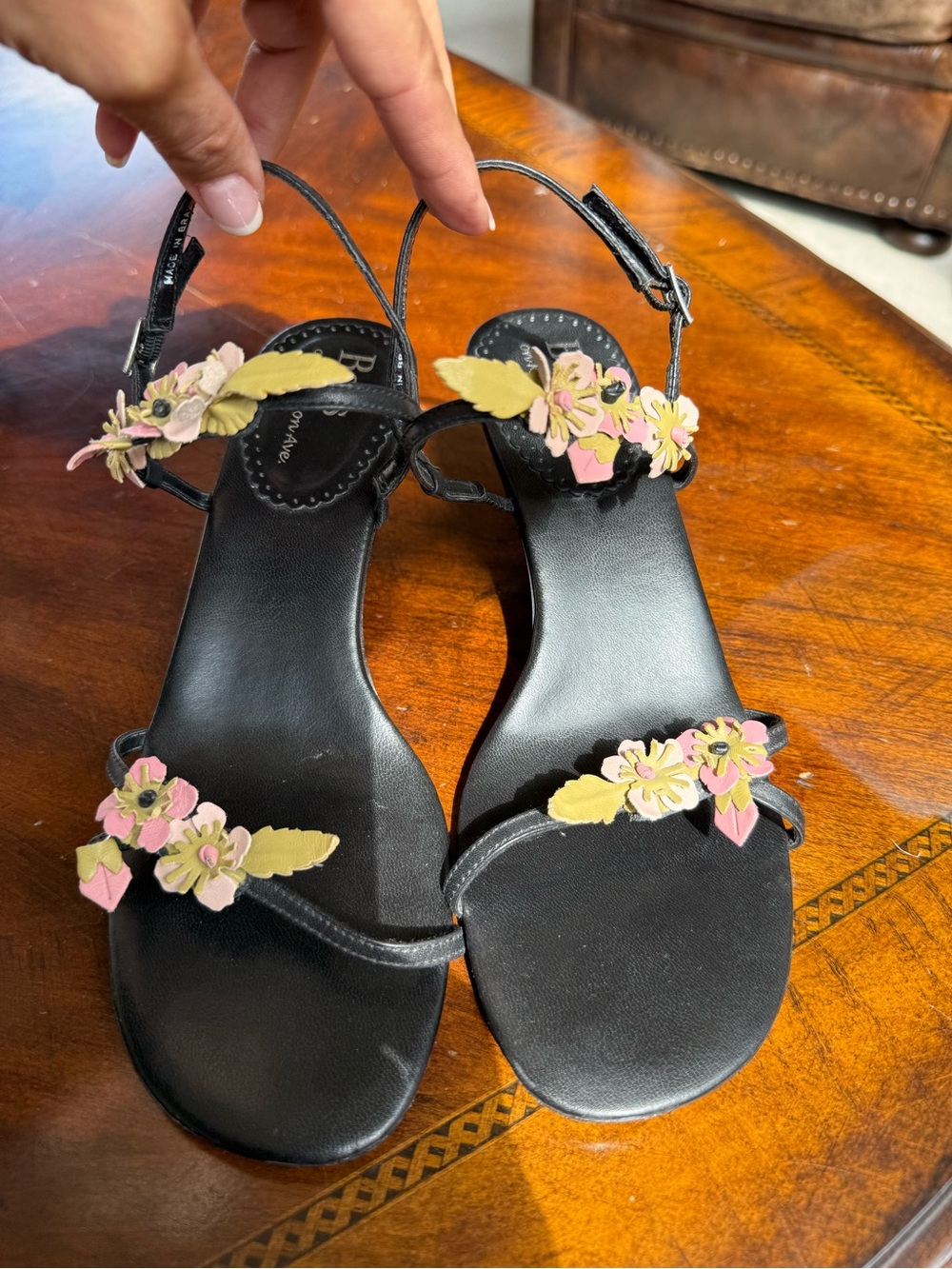 Black Leather Floral Appliqué Slingback Sandals